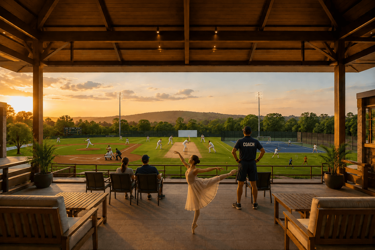 View from a sports club pavilion terrace at sunset overlooking multiple playing fields and courts